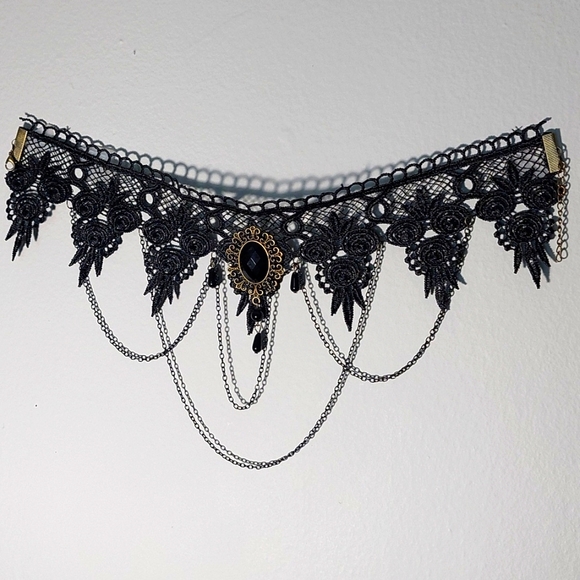 Black Lace, Fine chains, black tear drops Choker Necklace - Picture 3 of 5